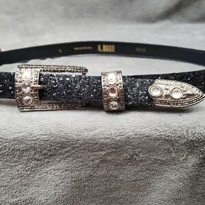 A. BROD Vintage 80's Black Rhinestone And Glitter 7/8" Wide Belt Black Size L
